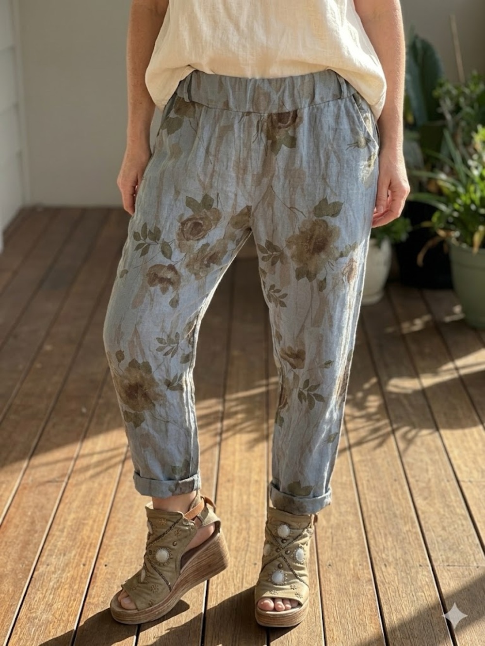 Elissia Italy 100% Linen Floral Pants Blue Large Comfort Elastic Waist - Size L